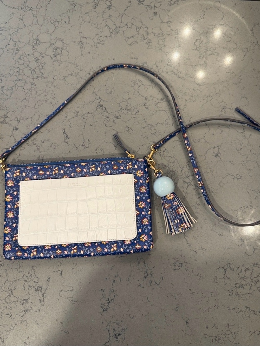 Tory Burch Colorblock Leather Tassel Crossbody Bag Clutch Blue Wild Pansy Floral